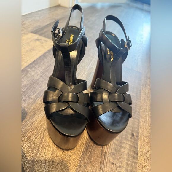 Saint Laurent Black Leather Platform Heels - Picture 1 of 7